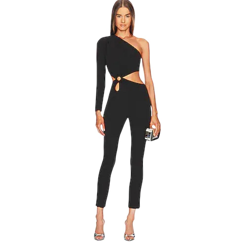 Michael Costello x REVOLVE One Shoulder Cutout Jumpsuit Black Ring Detail Size S